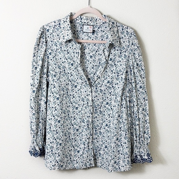 Tuckernuck Floral Pattern Blue White Button Down Shirt Puff Cuffs size XL - Picture 1 of 10